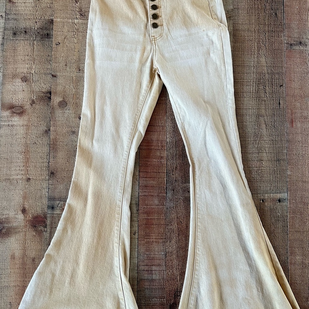Turquoise Haven Cream Wash Flared Pants with Button Detail